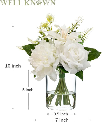 WELL KNOWN Artificial Flowers in Glass Vase with Fake Water, Silk Peony Rose Flower Bouquet for Home Dinning Tea Table, Office Desktop, Hotel, Wedding, Party, Lavatory Decor & Gift (Ivory White)
