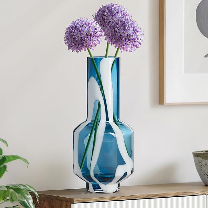 Torre & Tagus Mouth Blown Blue Art Glass Vase with White Swirls - 12" Tall Decorative Vase for Modern or Coastal Home Decor, Living Room, or Bedroom
