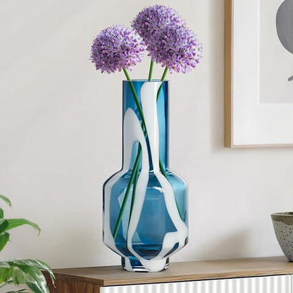 Torre & Tagus Mouth Blown Blue Art Glass Vase with White Swirls - 12" Tall Decorative Vase for Modern or Coastal Home Decor, Living Room, or Bedroom
