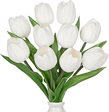 DILATATA 10 Pcs White Tulips Artificial Flowers Large Tulips Head Real Touch Fake Tulip Fake Flowers for Mother's Day 11.4" Faux Tulip for Vase Centerpieces Home Wedding Bouquet