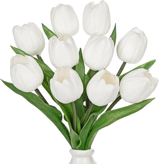 DILATATA 10 Pcs White Tulips Artificial Flowers Large Tulips Head Real Touch Fake Tulip Fake Flowers for Mother's Day 11.4" Faux Tulip for Vase Centerpieces Home Wedding Bouquet