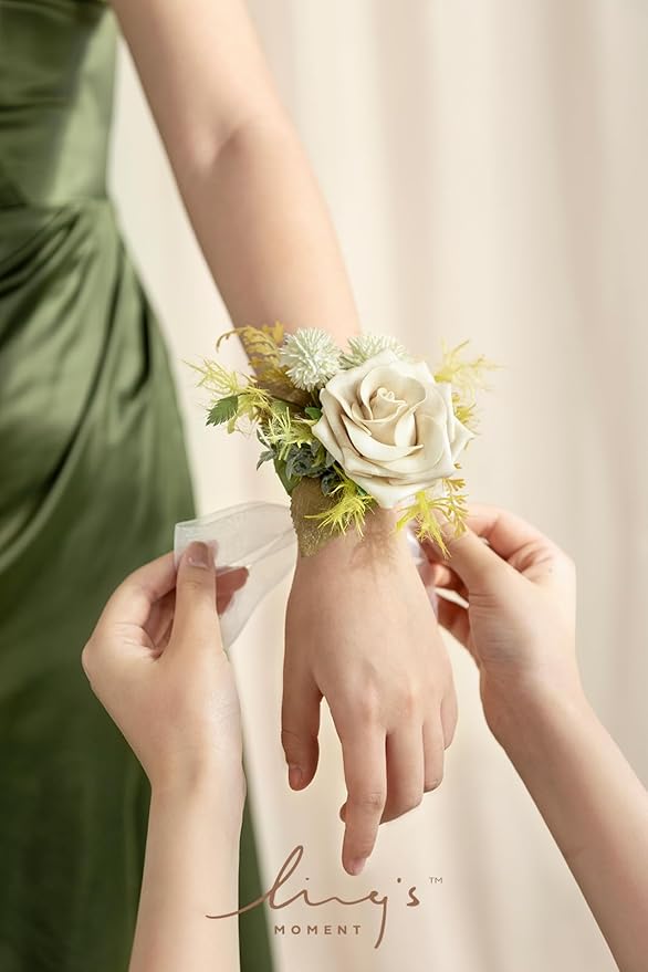 Ling's moment 6pcs Wedding Wrist Corsage Artificial Flowers, Girl/Mother Homecoming Prom Corsages Wristlet Décor, etc. Emerald Green Beige