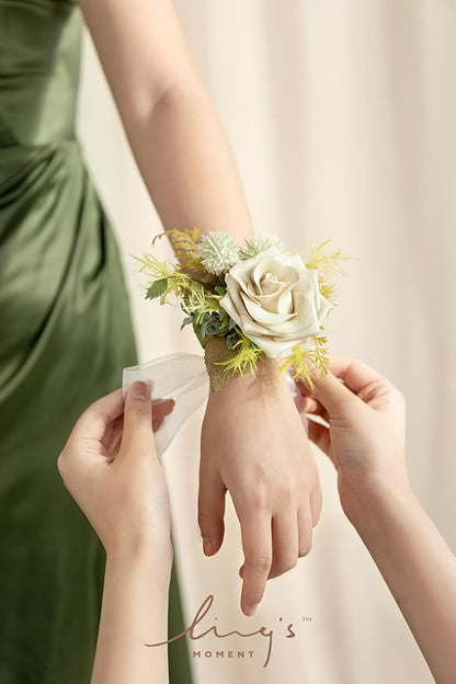 Ling's moment 6pcs Wedding Wrist Corsage Artificial Flowers, Girl/Mother Homecoming Prom Corsages Wristlet Décor, etc. Emerald Green Beige