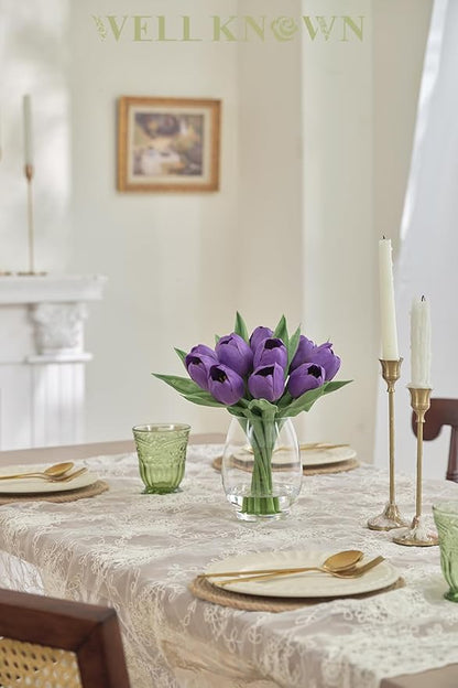 WELL KNOWN 12 Pcs Fake Tulips Artificial Flowers in Vase with Faux Water, Real Touch Purple Foam Tulips Arrangement with Vase for Home Office Wedding Party Decor Dining Table Centerpiece & Mom's Gift