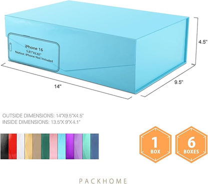 PACKHOME Large Gift Box with Lid 13.5x9x4.1 Inches, Sturdy Collapsible Gift Box with Magnetic Closure (Glossy Blue)