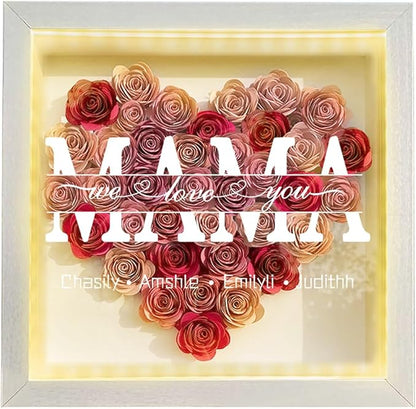 Personalized Mom Flower Shadow Box with LED Light Custom Heart Shaped Rose Flower Shadow Box Frame Mother's Day Rose Shadowbox Memory Gifts for Mom from Daughter Christmas Birthday,24