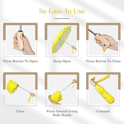 Cute Duck Umbrella Automatic - Compact Pretty Pocket Size Strong Duck Collapsible Umbrella Yellow Wooden Handle for Women