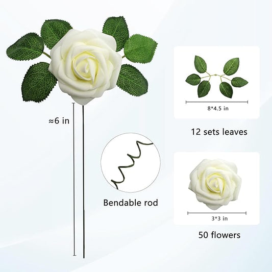 JOYLEX Artificial Flowers Realistic Roses, 50pcs Milk White Real Looking Fake Roses with Stem for DIY Wedding Bouquets Centerpieces Bridal Shower Party Home Romantic Decorations (50pcs, Milk White)
