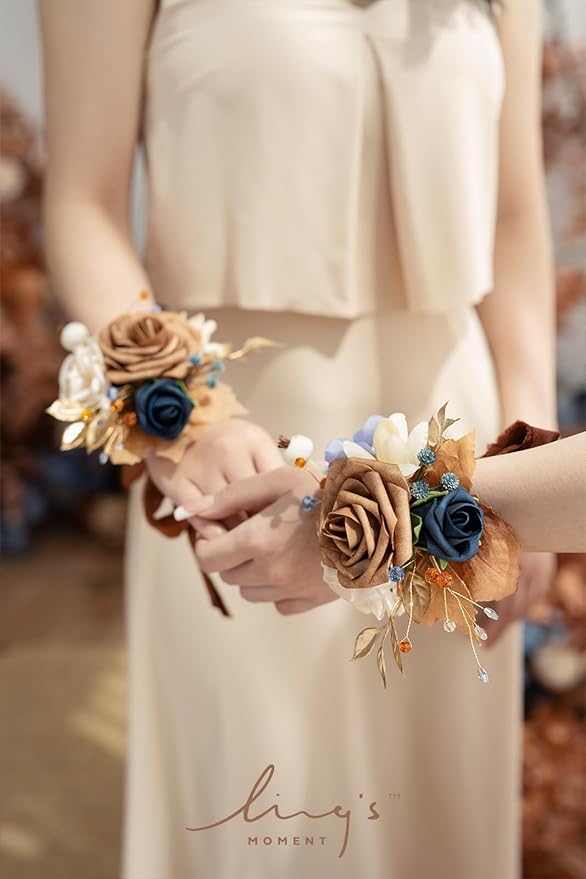 Ling's moment 6pcs Wedding Wrist Corsage Artificial Flowers, Girl/Mother Homecoming Prom Corsages Wristlet Décor, etc. Orange Navy