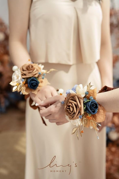 Ling's moment 6pcs Wedding Wrist Corsage Artificial Flowers, Girl/Mother Homecoming Prom Corsages Wristlet Décor, etc. Orange Navy