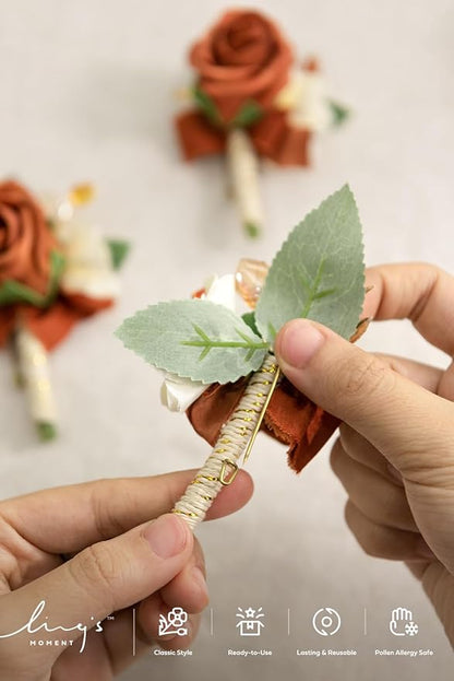 Ling's moment Boutonniere for Men, 10pcs Groomsmen Guest Boutonniere, Artificial Flowers for Wedding Décor/Prom/Homecoming,etc.Fall Terracotta Orange