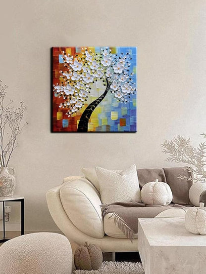 YaSheng Art - hand-painted Oil Painting On Canvas white Flowers Paintings Modern Home Interior Decor Wall Art for living room Abstract Art picture Ready to hang 24x24inch
