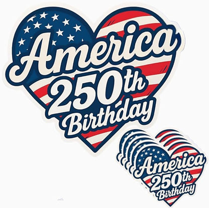 HANDICHI Design 5-Pack 3 Inch America 250th Birthday Stickers – Patriotic Heart-Shaped USA Flag Vinyl Decals – Waterproof 1776–2026 Independence Day Stickers for USA 250th Anniversary Celebration