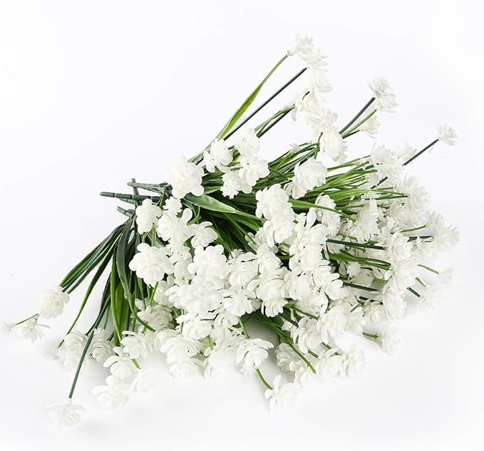 8 Bundles Artificial Flowers, Fake Artificial Greenery UV Resistant No Fade Faux Plastic Plants for Wedding Bridle Bouquet Indoor Outdoor Home Garden Kitchen Office Table Vase (White)