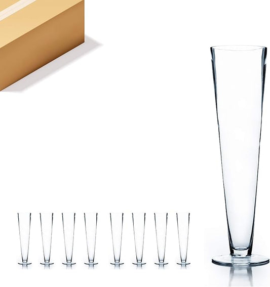 WGV Trumpet Glass Vase Bulk, Open 4", Height 16", (Multiple Sizes Choices) Clear Tall Pilsner Floral Planter Container Centerpiece, Wedding Event Home Decor, 8 Pieces (VTV0416)
