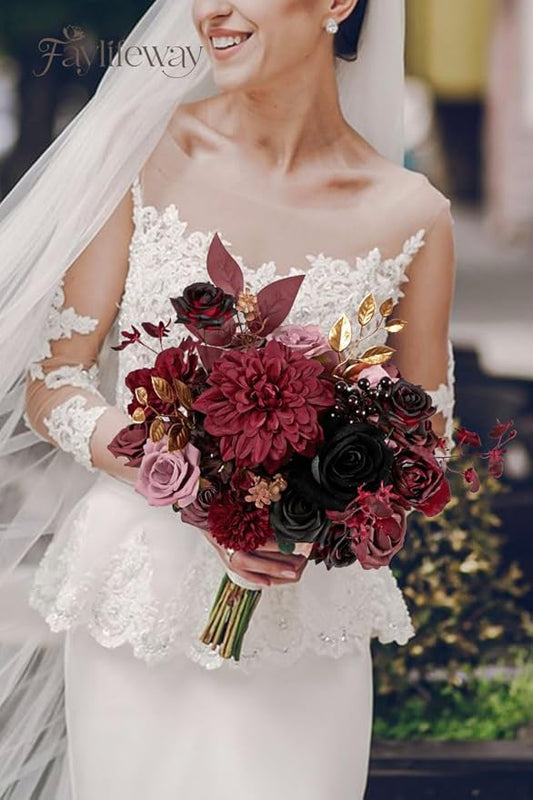 Artificial Flowers, Burgundy Silk Flowers for Centerpieces Decoration, Fake Cake Flowers for DIY Wedding Bridal Bouquets Home Party Floral Arrangement Decor