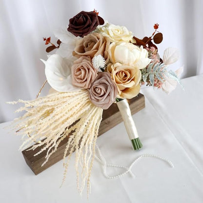 S_SSOY Wedding Bouquet Bride,Bride Bridal Bouquet Bridesmaid Artificial Flowers for Ceremony Anniversary Party Bridal Shower Decoration Wedding Bouquets (Caramel Champagne)