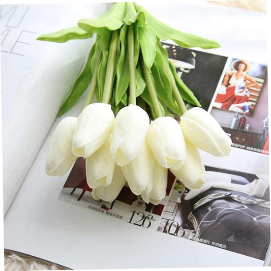 Artificial Tulips Flowers Real Touch Tulips Holland PU Bouquet Latex Flower White for Wedding Party Office Home Kitchen Decoration 30pcs (White)