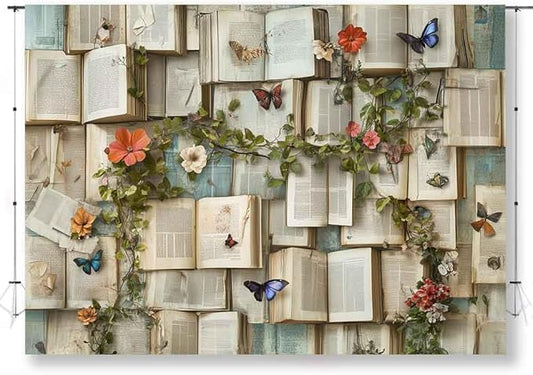 7x5ft Books Theme Photo Backdrop Flowers Bookshelf Backdrop Floral Theme Book Photography Background Girls Party Decorations Kids Newborn Birthday Baby Shower Photo Studio Props KUBYW003