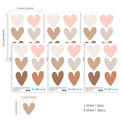 Boho Wall Decal for Girls Bedroom 36 PCS, Boho Heart Wall Stickers Peel and Stick for Nursery Kids Room Décor, Removable Wall Decals Vinyl Murals DIY Cute Decorations (6 Sheets)