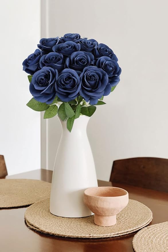 50pcs Roses Artificial Flowers Navy Blue Fake Roses Flowers with Long Stems Silk Flowers for Wedding Bouquet Centerpices Decorations Party Bridal Baby Shower Home Decor