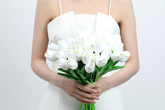 20pcs White Tulips Artificial Flowers Fake Silk Tulips Real Touch Flowers for Spring Kitchen Wedding Home Decor Arrangements Easter Decor 14 Inch