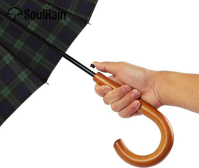 SoulRain 16 Ribs 48" Stick Umbrella Auto Open Solid Color Fashionable and Simple，Arc Classic Wood Handle，Windproof Unbreakable Stick Rain Umbrella