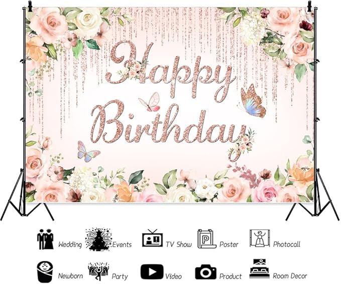 ChloropLastid 12x8ft Pink Floral Birthday Backdrop Rose Gold Glitter Flower Blossom Butterflies Happy Birthday Photography Background for Girls Princess Bday Party Decorations Banner Photo Props