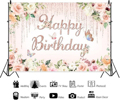 ChloropLastid 12x10ft Pink Floral Birthday Backdrop Rose Gold Glitter Flower Blossom Butterflies Happy Birthday Photography Background for Girls Princess Bday Party Decorations Banner Photo Props