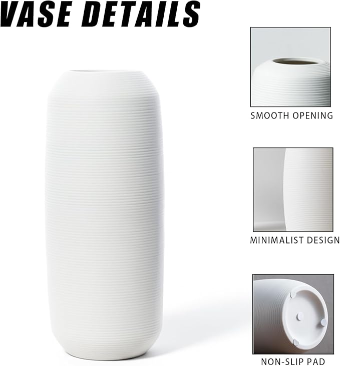 Vintage Ceramic Vase, Minimalist Texture Stone Patterned White Flower Vase, Decorative Vase for Living Room Shelf Farmhouse Dining Table Centerpiece Decor (White Texture - 2 Pack)