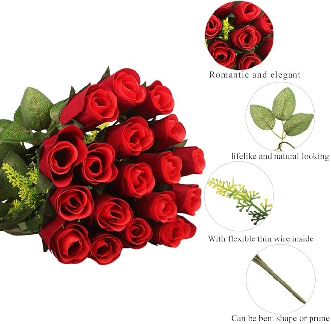 Artificial Rose Flowers Bouquet Burgundy 18 Blooms Long Stem Red Roses Bouquet Artificial Flowers Decoration for Home Table Garden Wedding Anniversary Valentine's Day Mother's Day Decor (A- Red)
