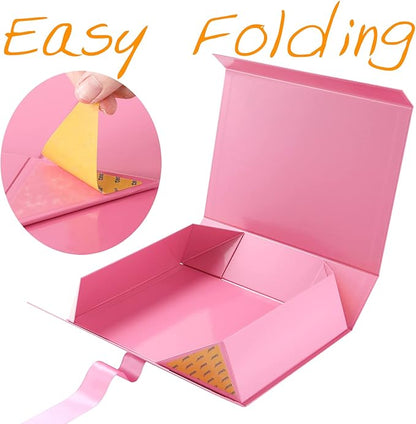 GREEN BEAN Large Gift Box with Lid for Presents 13x9.7x3.4 Inches, Pink Magnetic with Ribbon Luxury Gift Box, Bridesmaid Proposal Box (Glossy Pink)