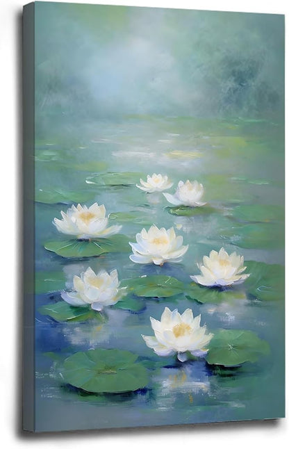 Zen wall art Delicate white lotus flower floating on calm water Vintage oil painting print Serene aquatic wall art creates a tranquil home decor 16x24in Wood Framed