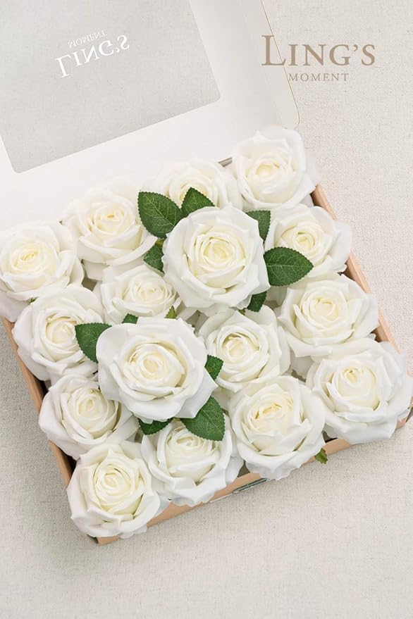 Ling's moment Artificial Flowers 16pcs Ivory Silk Roses with Stems, 3.5" Fake Vendela Roses Bulk for DIY Wedding Bouquets Centerpieces Party Baby Shower Home Decoration