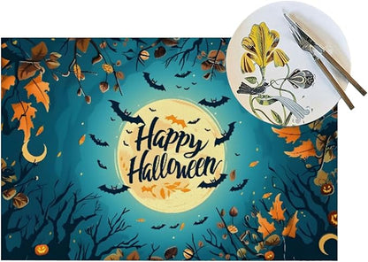 PVC Placemats Set of 4 Wipeable Table Mats Washable Heat Resistant Non Slip Vinyl Dining Table Mat for Kitchen Indoor Outdoor Patio Farmhouse Place Mats Halloween Bat Maple Decorative