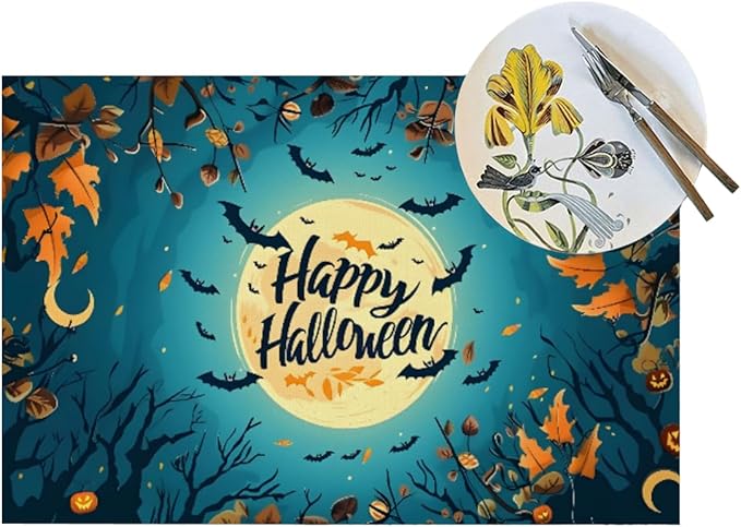 PVC Placemats Set of 1 Wipeable Table Mats Washable Heat Resistant Non Slip Vinyl Dining Table Mat for Kitchen Indoor Outdoor Patio Farmhouse Place Mats Halloween Bat Maple Decorative