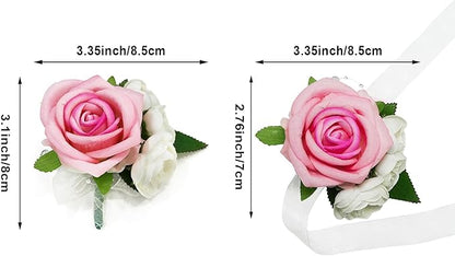 Wrist Corsage and Boutonniere Set, Artificial Rose Corsage Wristlet and Boutonniere for Wedding Prom Party (Pink, 4pcs)
