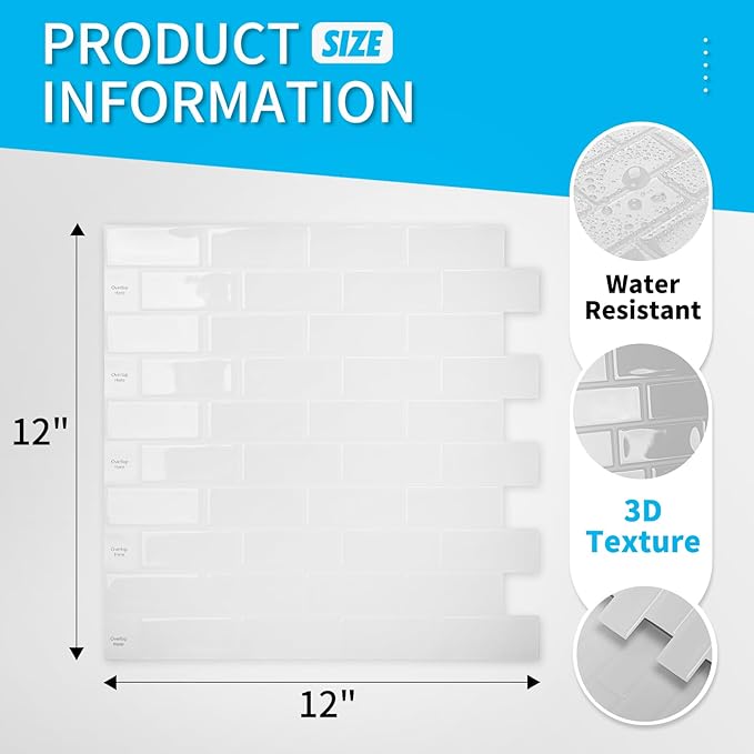 Art3d 10-Sheet Peel and Stick Backsplash Tile for Kitchen - 12”×12” Stick on Wall Tile for Kitchen Bathroom Countertop Living Room, White Washed