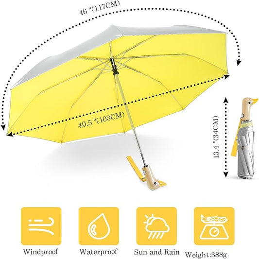 Cute Duck Umbrella Automatic - Compact Pretty Pocket Size Strong Duck Collapsible Umbrella Yellow Wooden Handle for Women