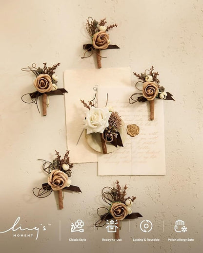 Ling's moment Boutonniere for Men, 6pcs Groom Groomsmen Boutonniere, Artificial Flowers for Wedding Decor/Prom/Homecoming, etc.Sand Beige White