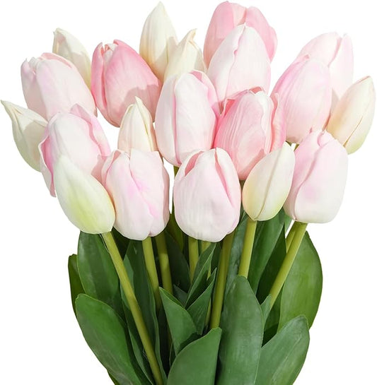 Real Touch Artificial Tulips, 20pcs Fake Tulip Flower Stem, PU Faux Tulip 19.7” for Mother's Day Easter Valentine's Gift, Home Decor Wedding, Table Centerpiece, Floral Arrangement, Light Pink