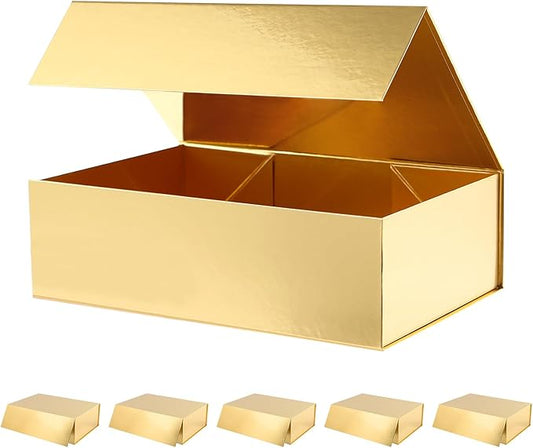 6 Christmas Large Gift Boxes with Lids 13.5x9x4.1 Inches, Gold Groomsmen Proposal Gift Boxes with Magnetic Closure for All Occasion (Glossy Gold)