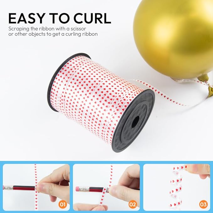 500 Yards Valentines Curling Ribbon with Spool, 1/5" Curly Ribbons - Perfect for Gift Wrapping, Florist Flowers, Birthday Party Decorations, and Balloon String Ribbon in Heart