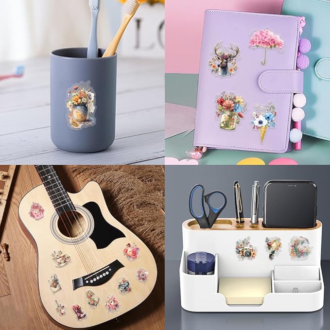 57 Pcs Vintage Watercolor Floral Stickers,Aesthetic PET Transparent Flowers Sticker Waterproof Decorative Decals for Journaling, Decoupage, Planners, laptops, Phone Case, Gift & Card Making