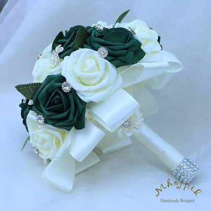 Lightweight Bridal Wedding Bouquet Round Holding Bouquet Throw Toss Artificial Rose Flower Bunch for Bride Bridesmaid Wedding Quinceanera (Cream & Dark Green, 7.9")