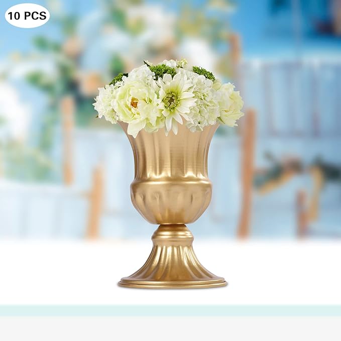 10PCS Gold Wedding Flower Vases, 6.3''h Trumpet Floral Display Holders, Table Centerpieces Decors, Metal Plant Urn Vases, Ready to Use for Garden Wedding Bedroom Living Room Office