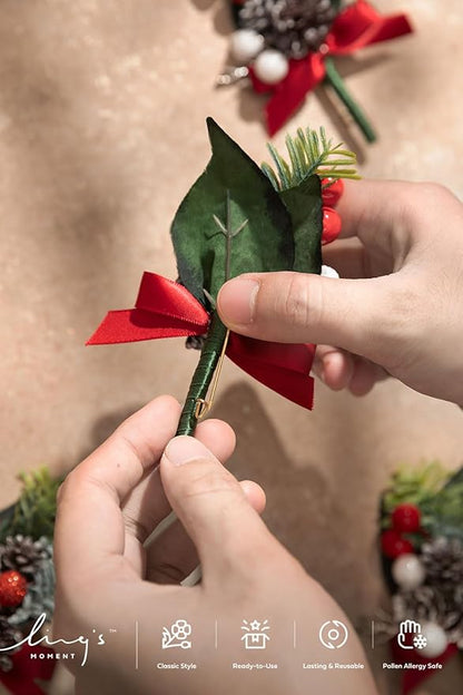 Ling's moment Boutonniere for Men, 6pcs Groom Groomsmen Boutonniere, Artificial Flowers for Wedding Decor/Prom/Homecoming, etc.Christmas Red Berry