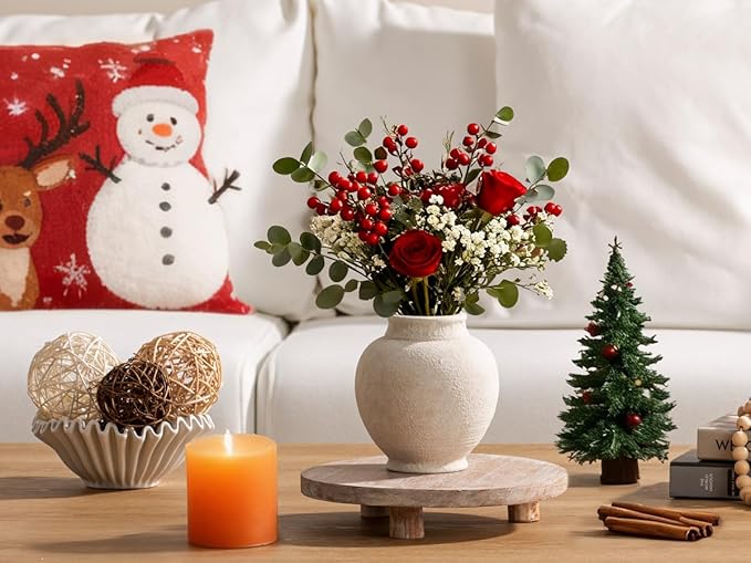 Ceramic Rustic Farmhouse Vase, 6 Inch White Small Flower Vase Decorative Vase Short Pottery Vases for Home Decor Table Living Room Entryway Mantel Bookshelf Bedroom Bathroom Kitchen - White
