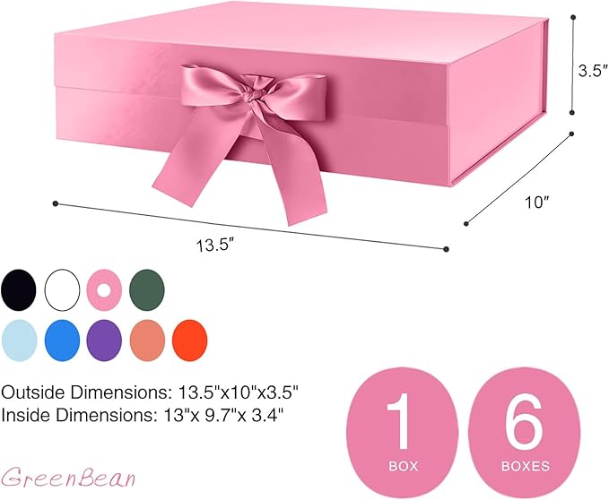 GREEN BEAN 6 Large Gift Boxes with Lids for Present 13x9.7x3.4 Inches, Pink Magnetic Gift Box with Ribbon, Bridesmaid Proposal Boxes, Luxury Gift Boxes (Glossy Pink)