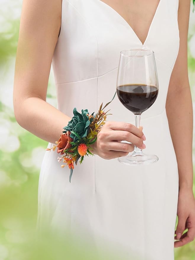 Serwalin Teal Orange Wrist Corsage and Boutonniere Set 2pcs, 6-7inch Boutonniere for Men, Corsage Wristlet Wristband Prom Flower Wedding Flowers Accessories Prom Suit Decorations